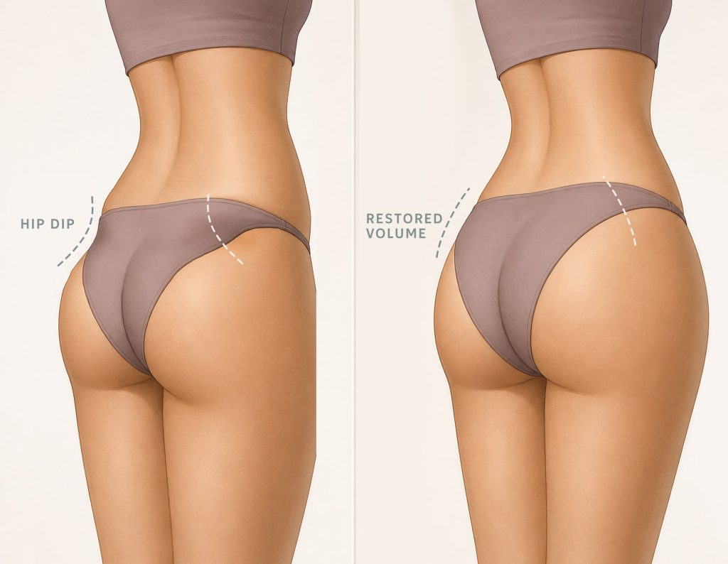 artistic rendering depicting a side-by-side comparison of a "hip dip" before, and "restored volume" after alloClae™ structural adipose filler treatment.